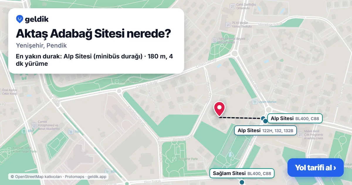 Where is Aktaş Adabağ Sitesi: map with its location and the nearest stops, with walking times