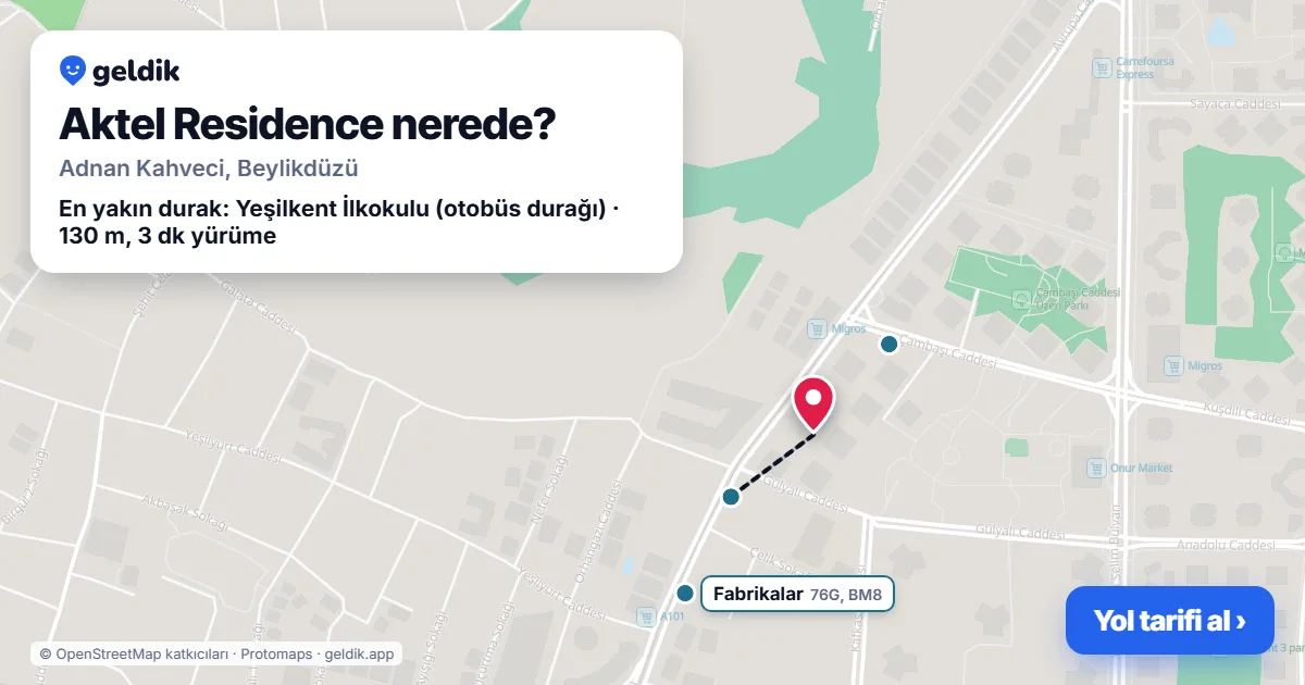 Where is Aktel Residence: map with its location and the nearest stops, with walking times
