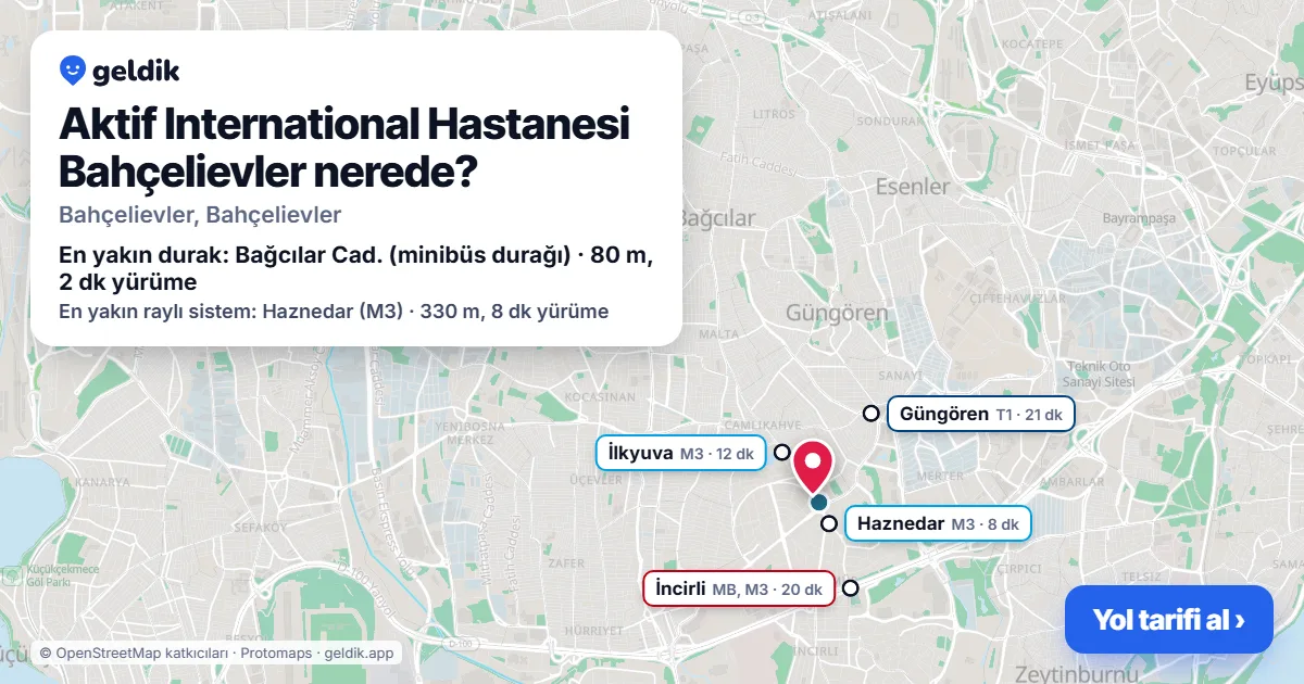 Aktif International Hastanesi Bahçelievler nerede: haritada konumu ve en yakın duraklar, yürüme süreleriyle