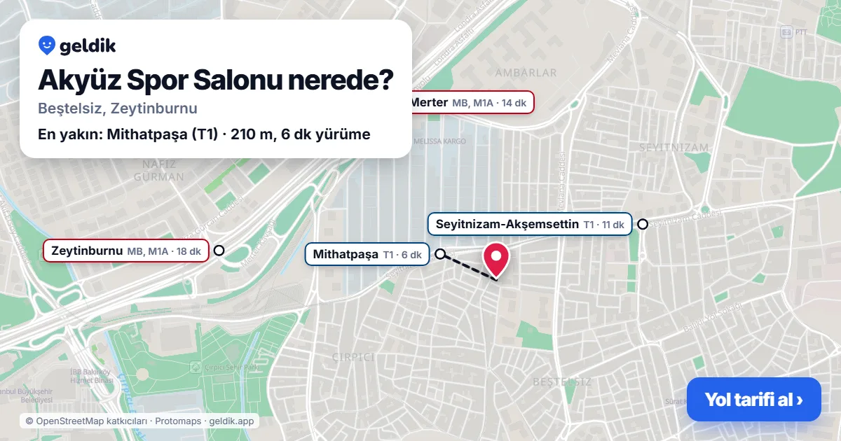 Where is Akyüz Spor Salonu: map with its location and the nearest stops, with walking times