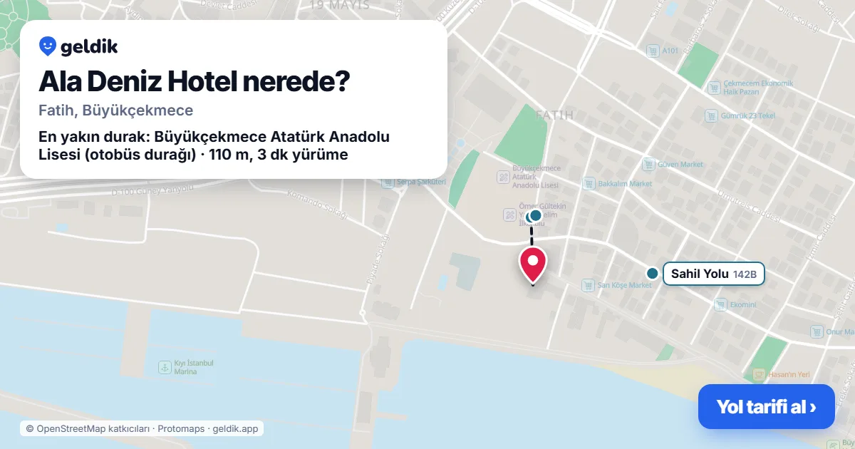 Ala Deniz Hotel nerede: haritada konumu ve en yakın duraklar, yürüme süreleriyle