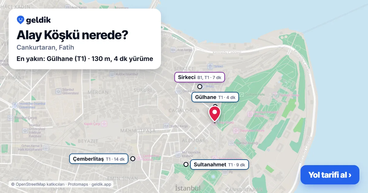Alay Köşkü nerede: haritada konumu ve en yakın duraklar, yürüme süreleriyle
