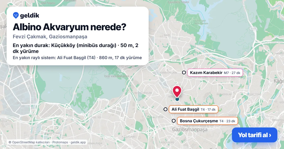 Albino Akvaryum nerede: haritada konumu ve en yakın duraklar, yürüme süreleriyle
