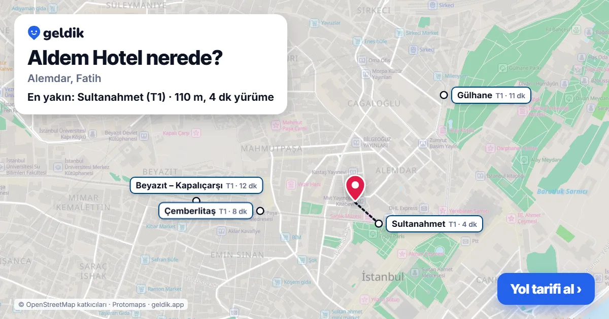 Where is Aldem Hotel: map with its location and the nearest stops, with walking times