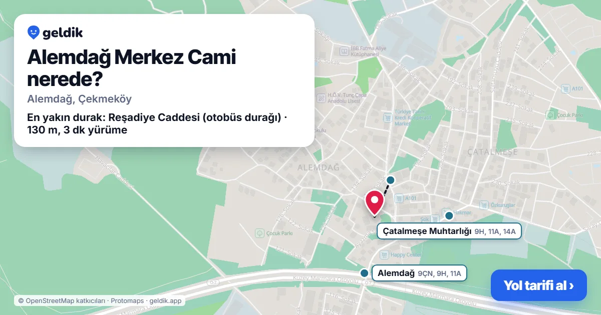 Where is Alemdağ Merkez Cami: map with its location and the nearest stops, with walking times