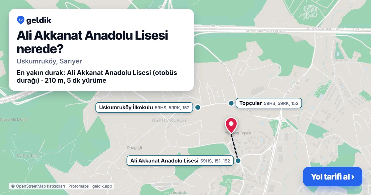 Ali Akkanat Anadolu Lisesi nerede: haritada konumu ve en yakın duraklar, yürüme süreleriyle