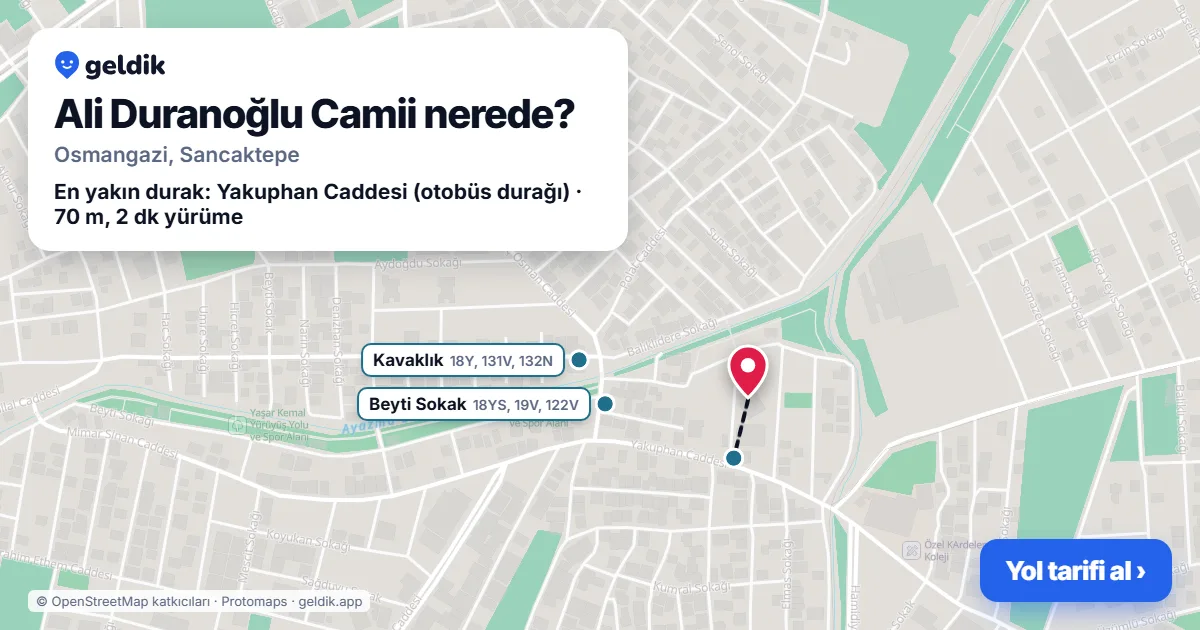 Where is Ali Duranoğlu Camii: map with its location and the nearest stops, with walking times