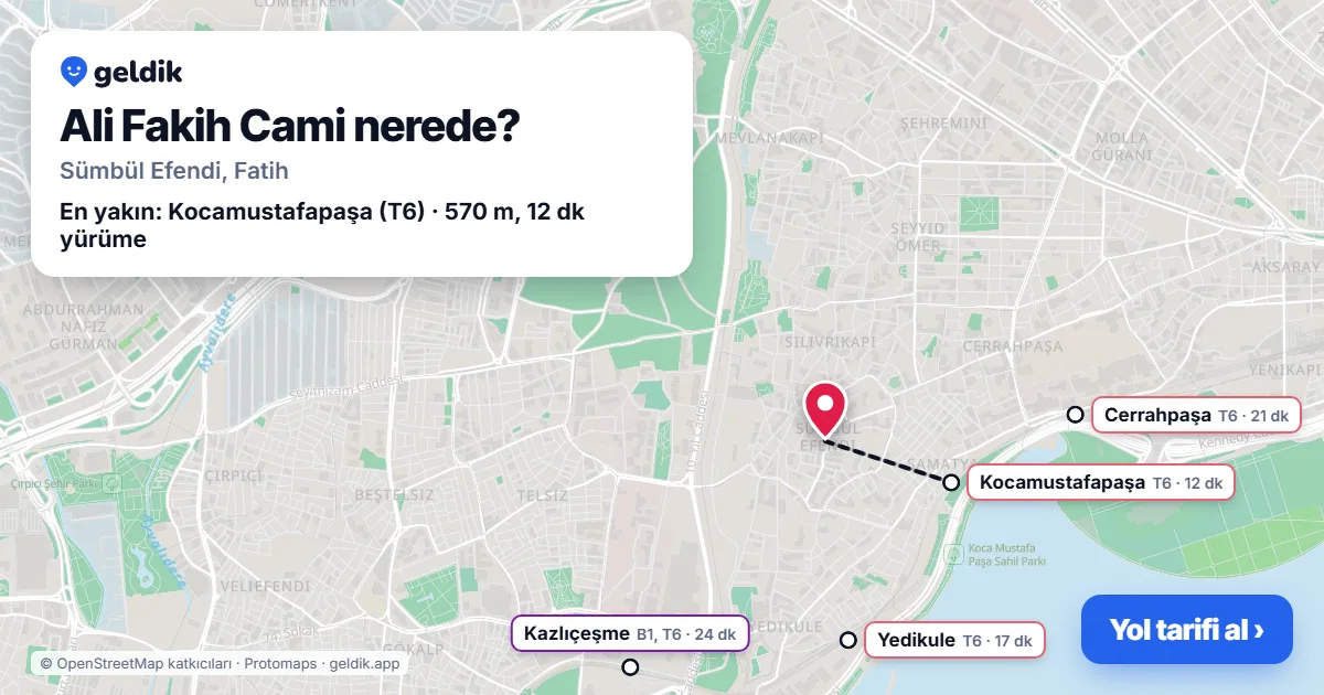 Where is Ali Fakih Cami: map with its location and the nearest stops, with walking times