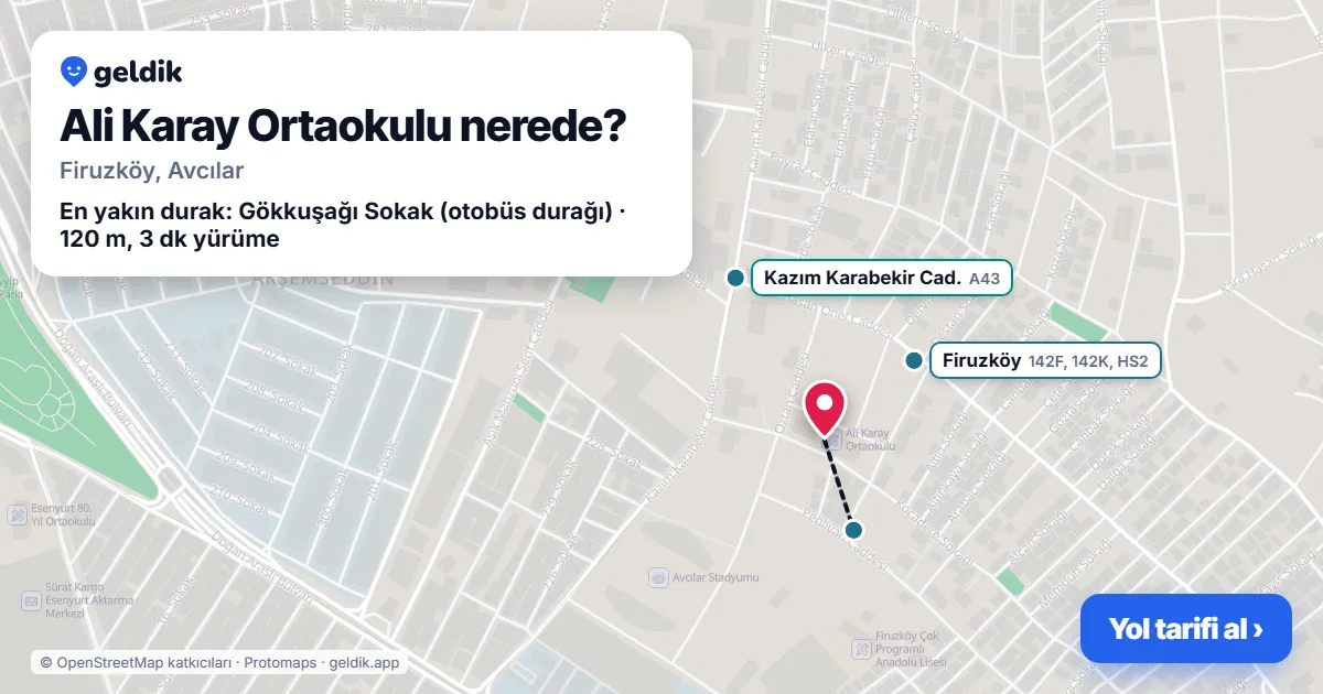 Ali Karay Ortaokulu nerede: haritada konumu ve en yakın duraklar, yürüme süreleriyle