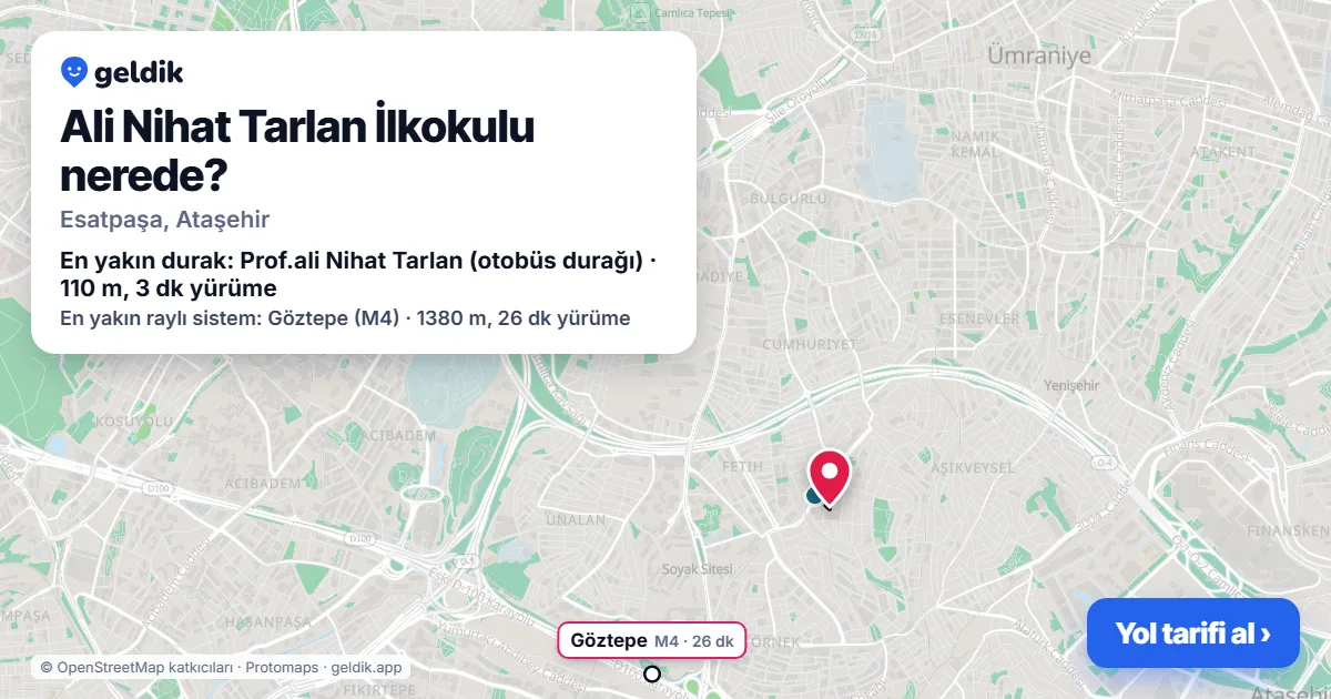Ali Nihat Tarlan İlkokulu nerede: haritada konumu ve en yakın duraklar, yürüme süreleriyle