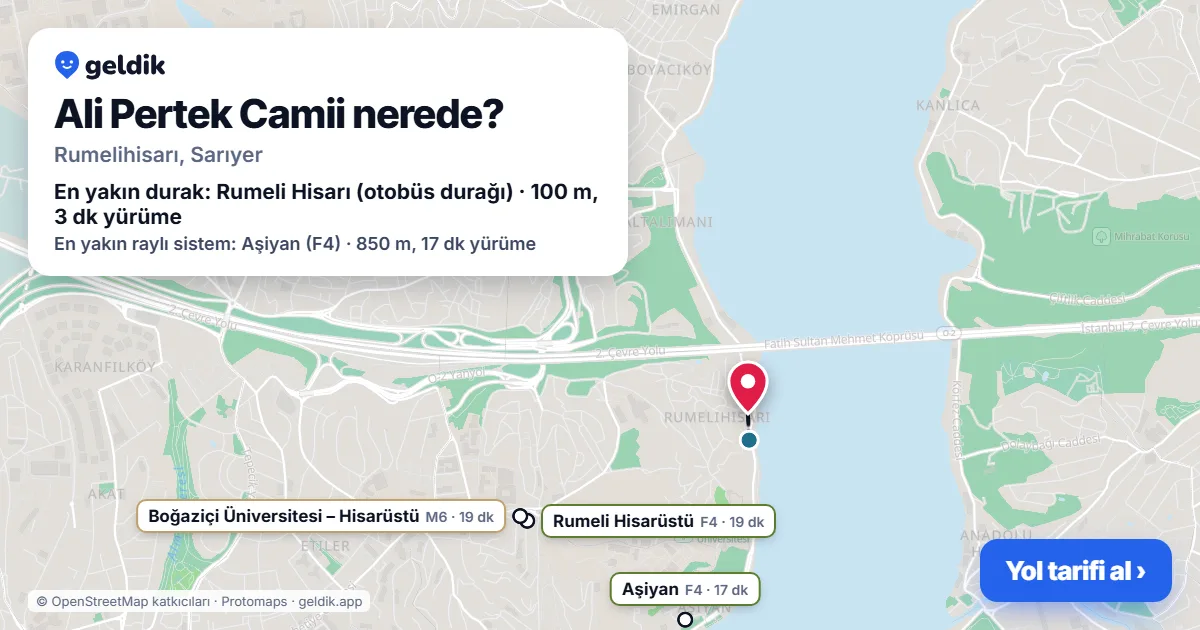 Ali Pertek Camii nerede: haritada konumu ve en yakın duraklar, yürüme süreleriyle