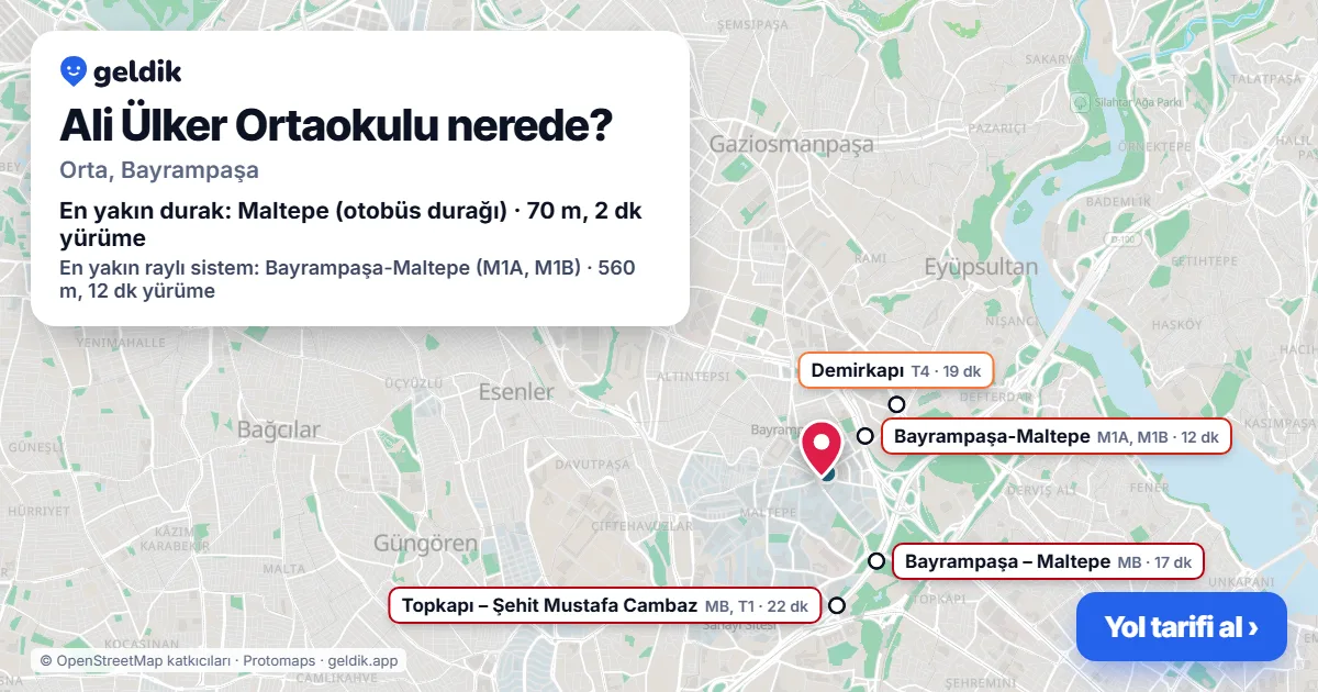 Ali Ülker Ortaokulu nerede: haritada konumu ve en yakın duraklar, yürüme süreleriyle