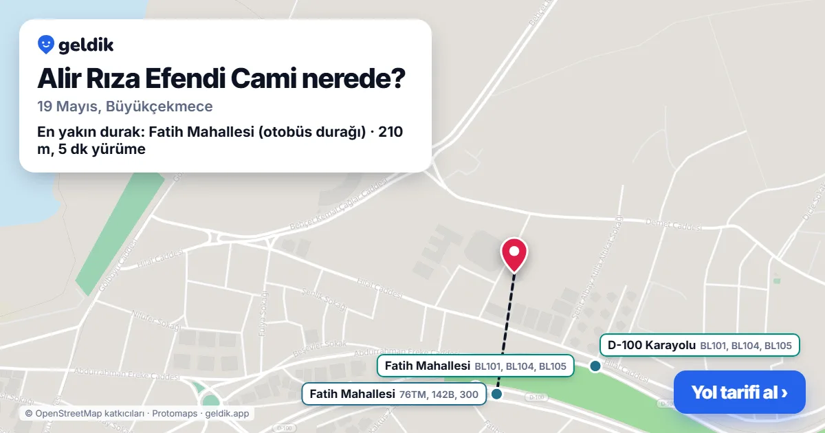 Alir Rıza Efendi Cami nerede: haritada konumu ve en yakın duraklar, yürüme süreleriyle