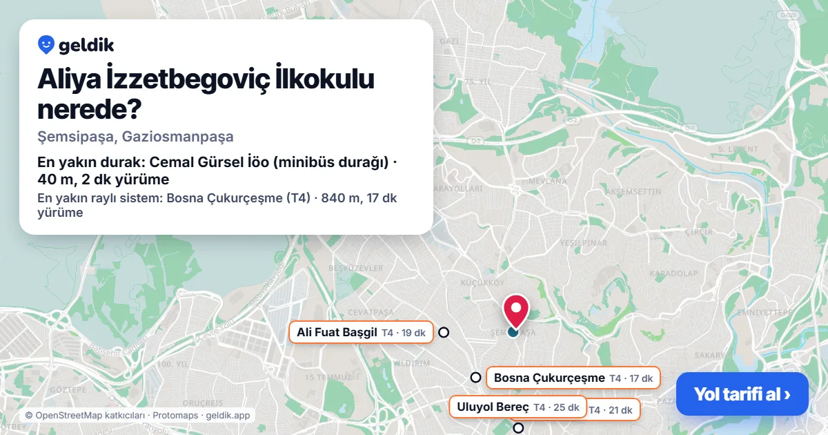 Aliya İzzetbegoviç İlkokulu nerede: haritada konumu ve en yakın duraklar, yürüme süreleriyle