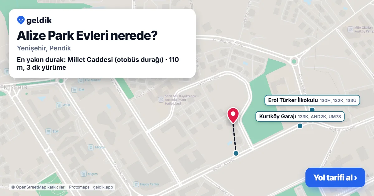 Alize Park Evleri nerede: haritada konumu ve en yakın duraklar, yürüme süreleriyle