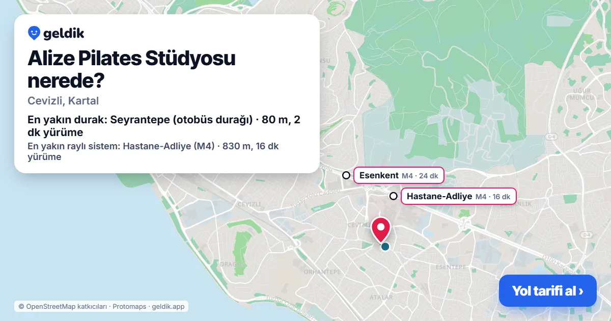 Alize Pilates Stüdyosu nerede: haritada konumu ve en yakın duraklar, yürüme süreleriyle