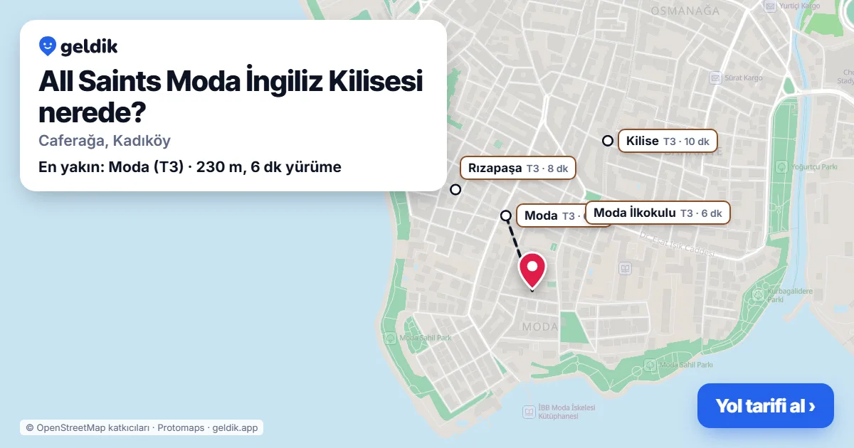 All Saints Moda İngiliz Kilisesi nerede: haritada konumu ve en yakın duraklar, yürüme süreleriyle