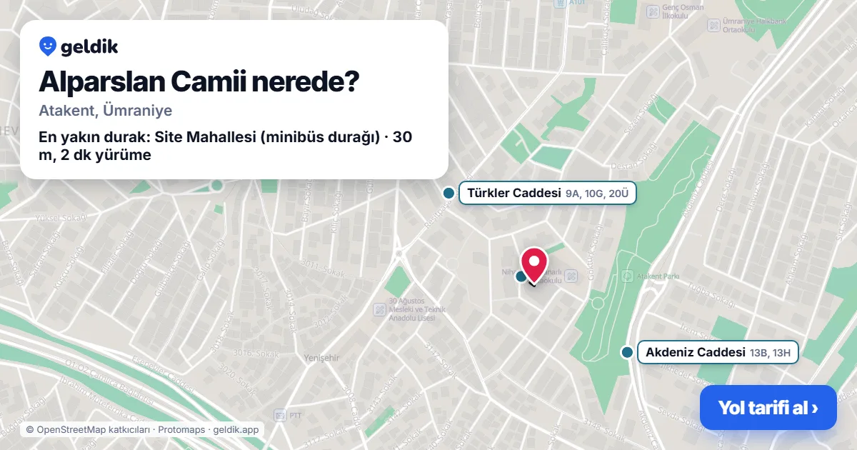 Alparslan Camii nerede: haritada konumu ve en yakın duraklar, yürüme süreleriyle