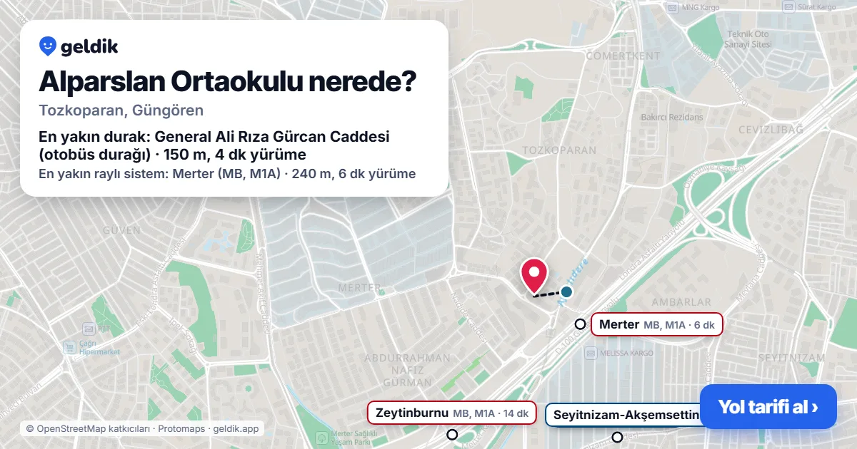 Alparslan Ortaokulu nerede: haritada konumu ve en yakın duraklar, yürüme süreleriyle