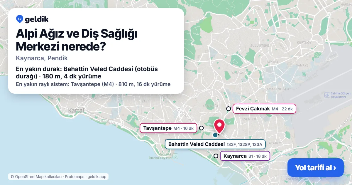 Where is Alpi Ağız ve Diş Sağlığı Merkezi: map with its location and the nearest stops, with walking times