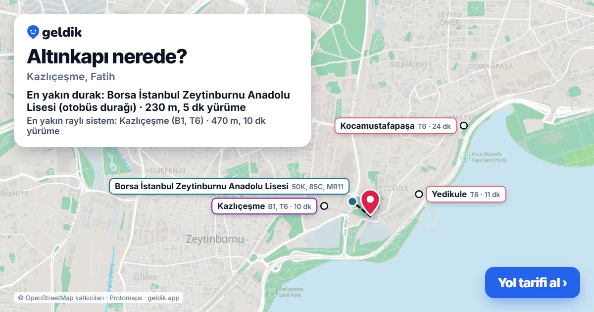 Altınkapı nerede: haritada konumu ve en yakın duraklar, yürüme süreleriyle