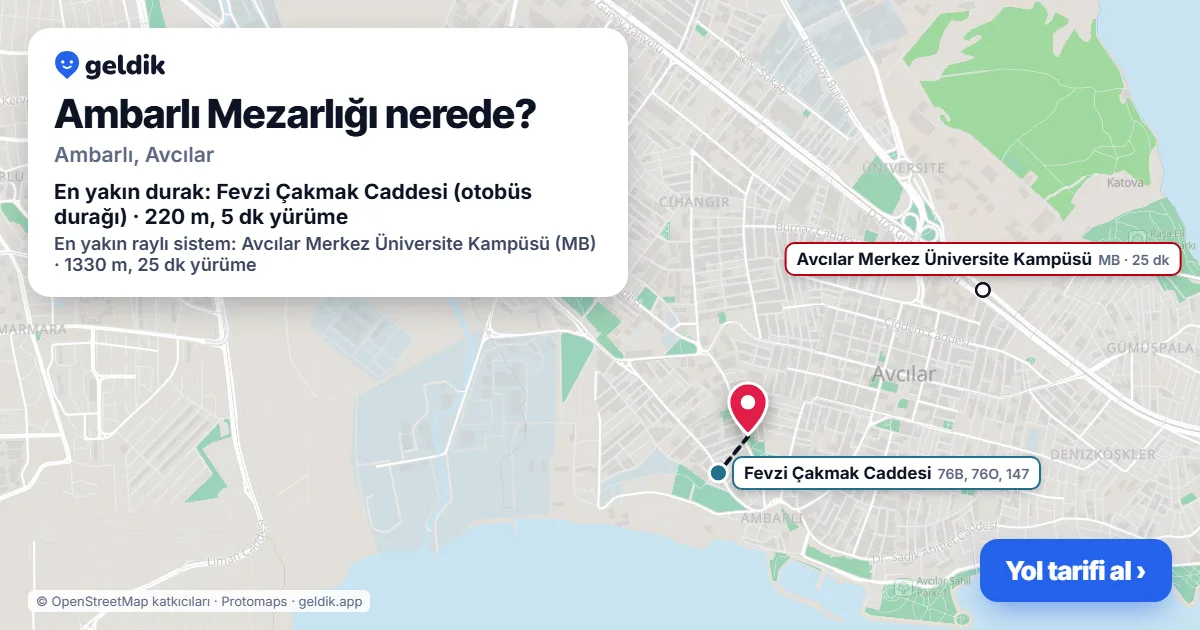 Ambarlı Mezarlığı nerede: haritada konumu ve en yakın duraklar, yürüme süreleriyle