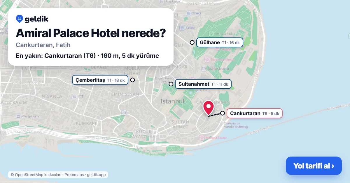 Amiral Palace Hotel nerede: haritada konumu ve en yakın duraklar, yürüme süreleriyle
