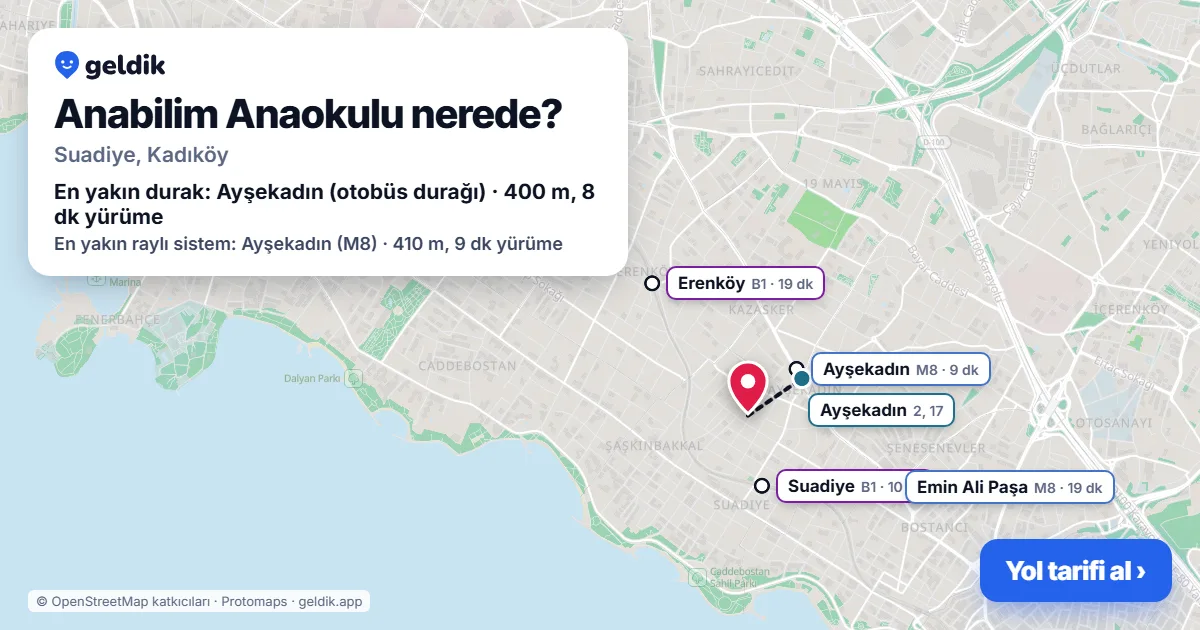 Anabilim Anaokulu nerede: haritada konumu ve en yakın duraklar, yürüme süreleriyle