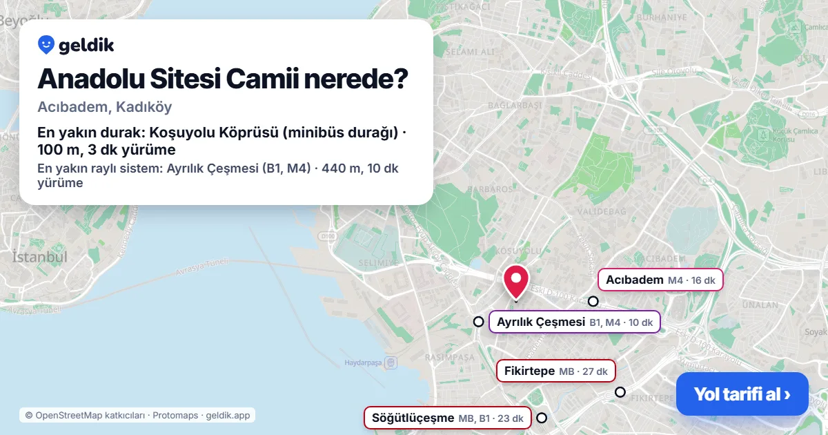 Where is Anadolu Sitesi Camii: map with its location and the nearest stops, with walking times
