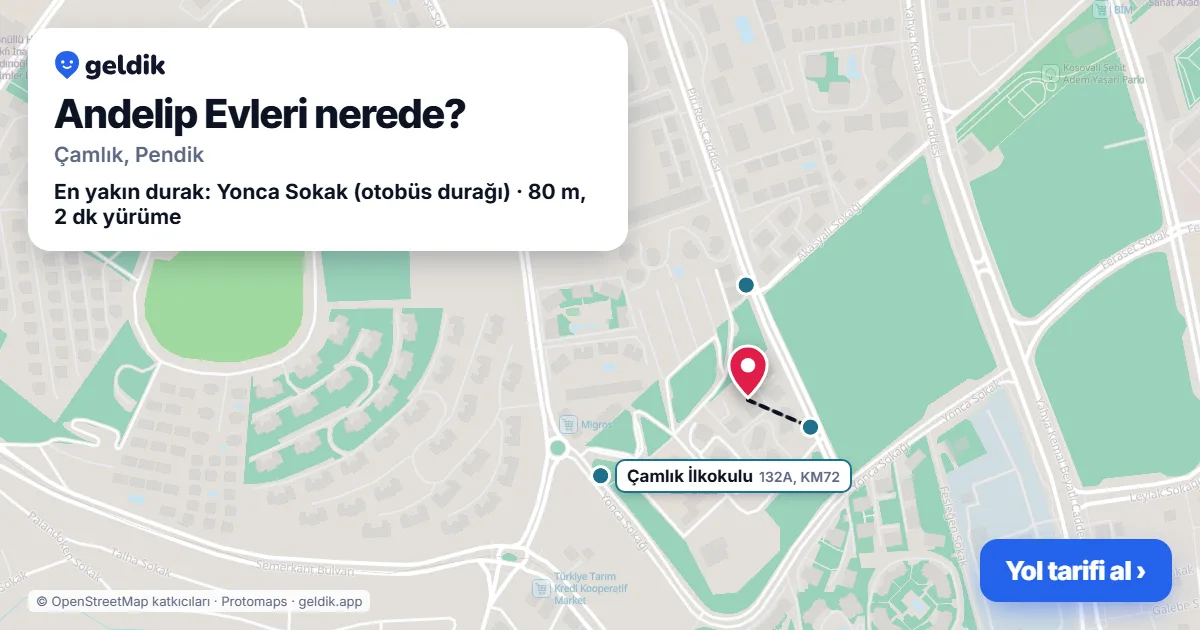 Where is Andelip Evleri: map with its location and the nearest stops, with walking times