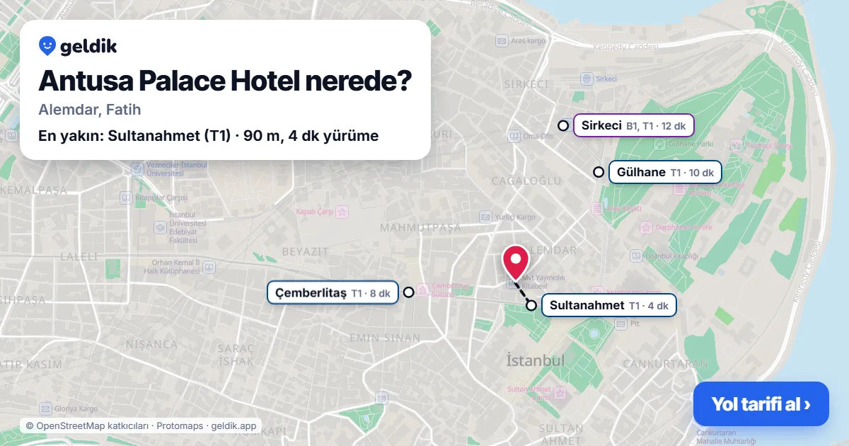 Where is Antusa Palace Hotel: map with its location and the nearest stops, with walking times