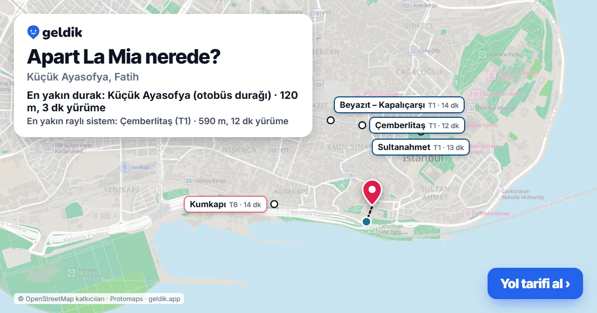 Apart La Mia nerede: haritada konumu ve en yakın duraklar, yürüme süreleriyle