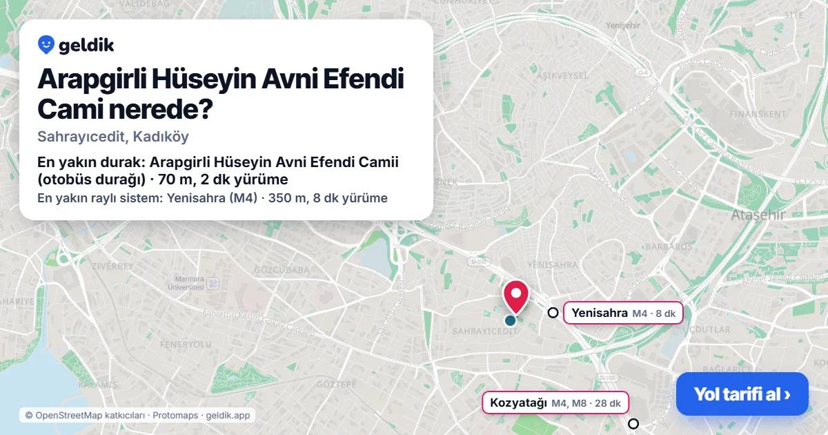Arapgirli Hüseyin Avni Efendi Cami nerede: haritada konumu ve en yakın duraklar, yürüme süreleriyle