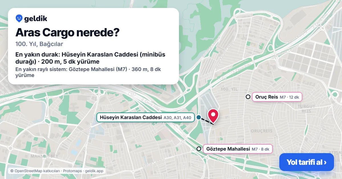 Aras Cargo nerede: haritada konumu ve en yakın duraklar, yürüme süreleriyle