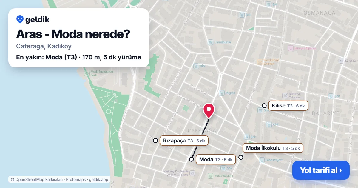 Aras - Moda nerede: haritada konumu ve en yakın duraklar, yürüme süreleriyle