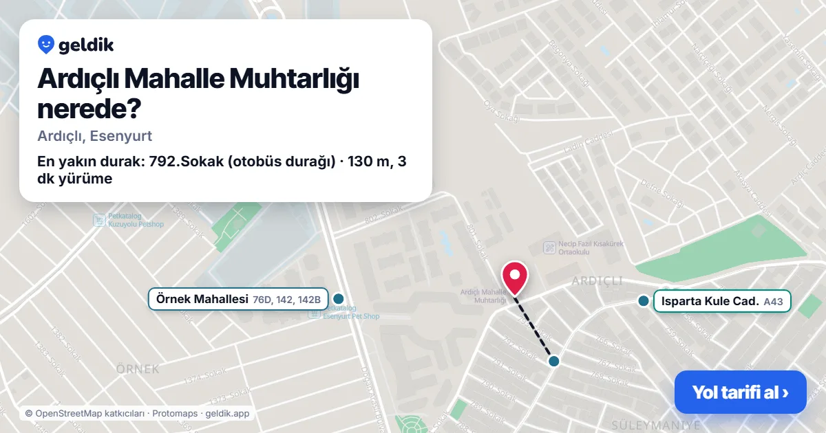 Ardıçlı Mahalle Muhtarlığı nerede: haritada konumu ve en yakın duraklar, yürüme süreleriyle