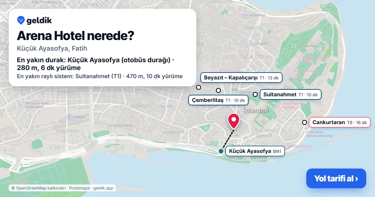 Arena Hotel nerede: haritada konumu ve en yakın duraklar, yürüme süreleriyle