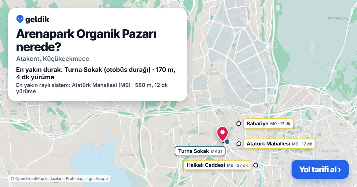 Arenapark Organik Pazarı nerede: haritada konumu ve en yakın duraklar, yürüme süreleriyle