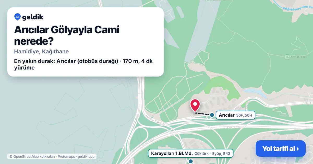 Arıcılar Gölyayla Cami nerede: haritada konumu ve en yakın duraklar, yürüme süreleriyle