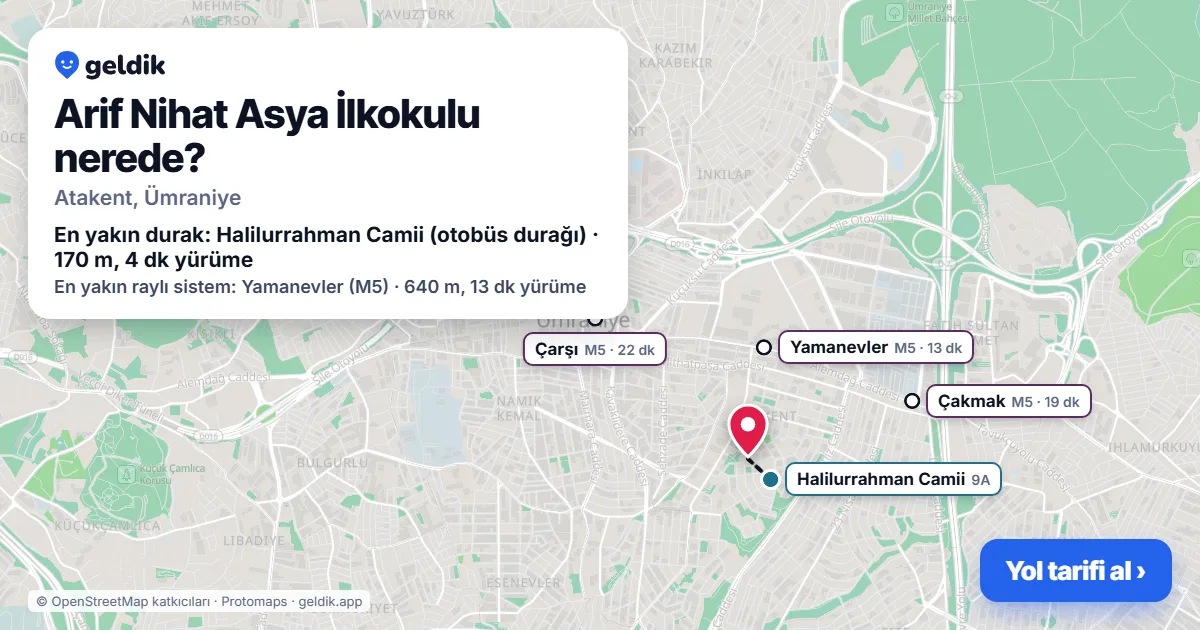 Arif Nihat Asya İlkokulu nerede: haritada konumu ve en yakın duraklar, yürüme süreleriyle