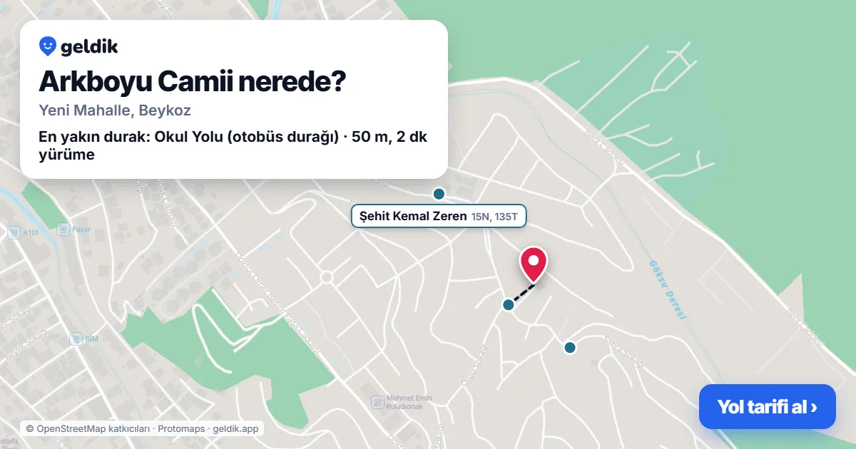 Where is Arkboyu Camii: map with its location and the nearest stops, with walking times