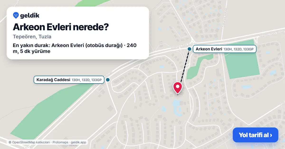 Arkeon Evleri nerede: haritada konumu ve en yakın duraklar, yürüme süreleriyle