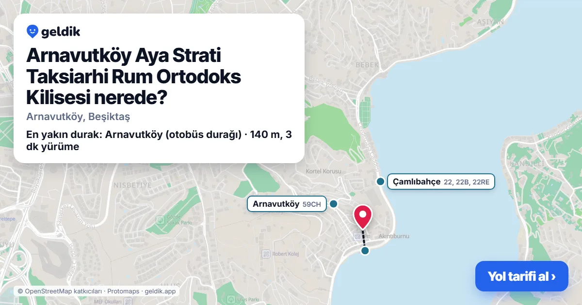 Where is Arnavutköy Aya Strati Taksiarhi Rum Ortodoks Kilisesi: map with its location and the nearest stops, with walking times