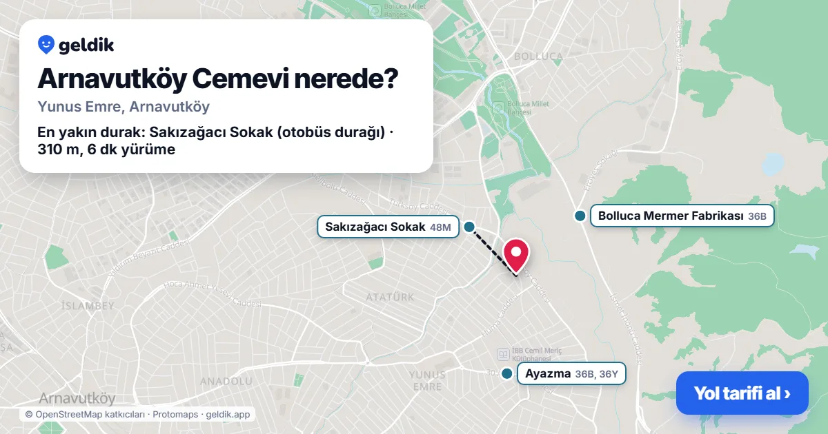 Where is Arnavutköy Cemevi: map with its location and the nearest stops, with walking times