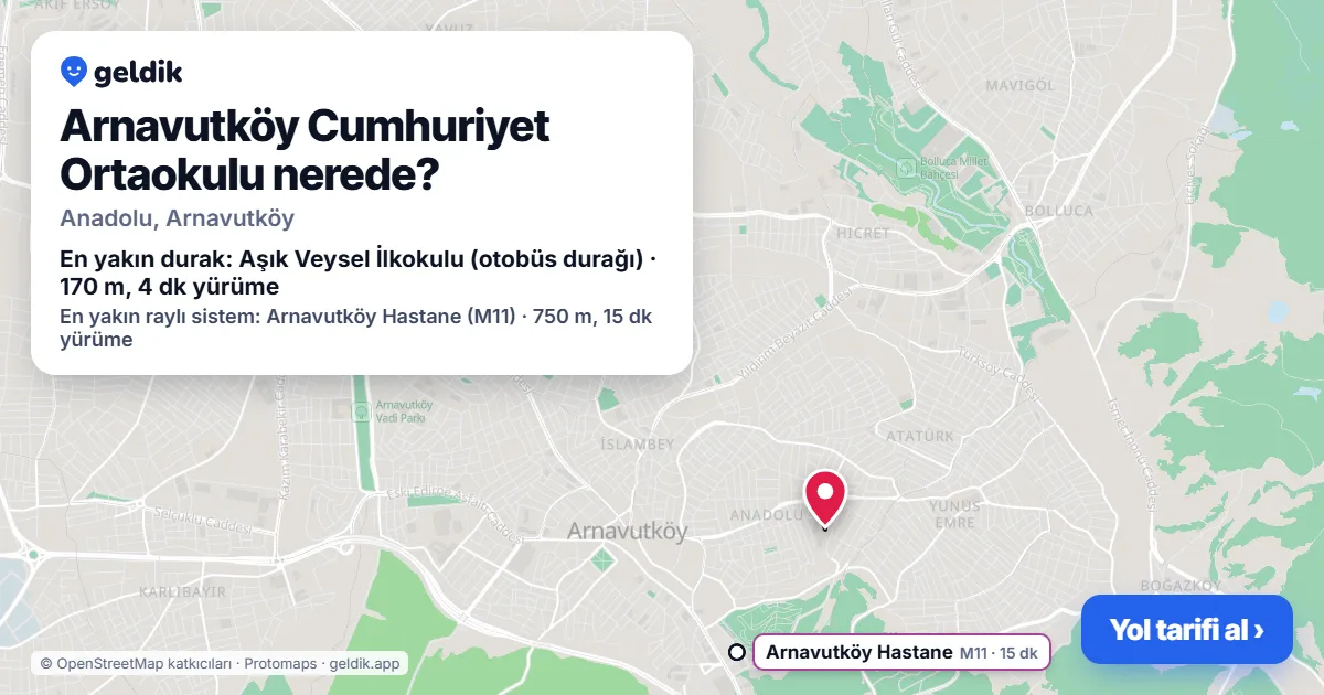 Arnavutköy Cumhuriyet Ortaokulu nerede: haritada konumu ve en yakın duraklar, yürüme süreleriyle