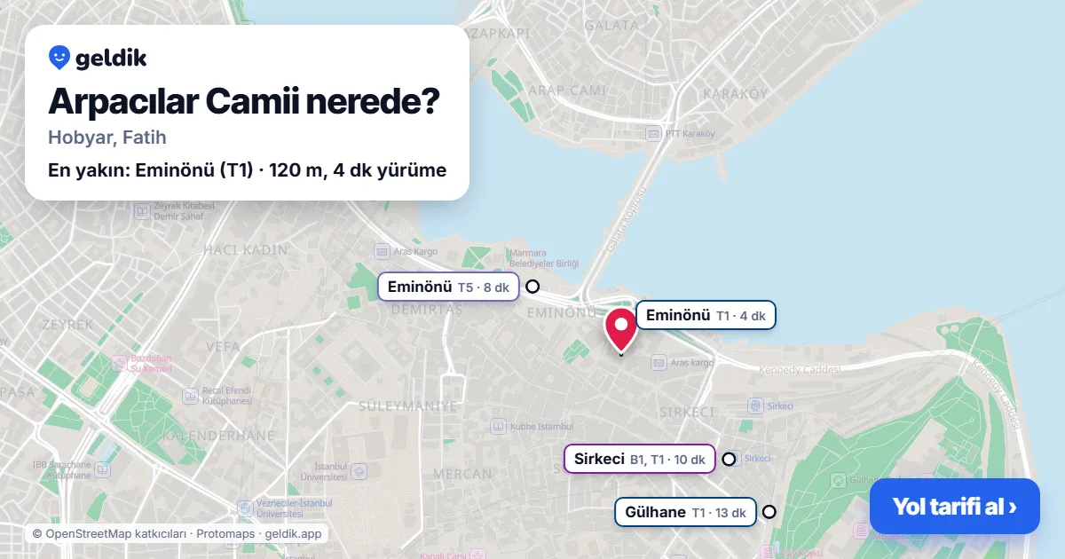 Where is Arpacılar Mosque: map with its location and the nearest stops, with walking times