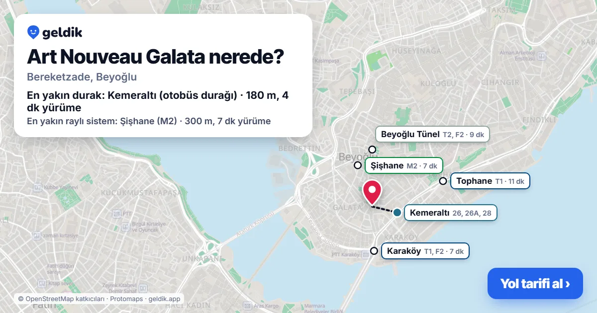 Where is Art Nouveau Galata: map with its location and the nearest stops, with walking times