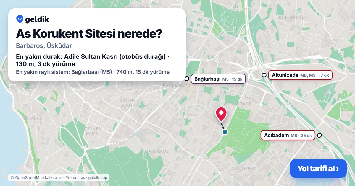 As Korukent Sitesi nerede: haritada konumu ve en yakın duraklar, yürüme süreleriyle