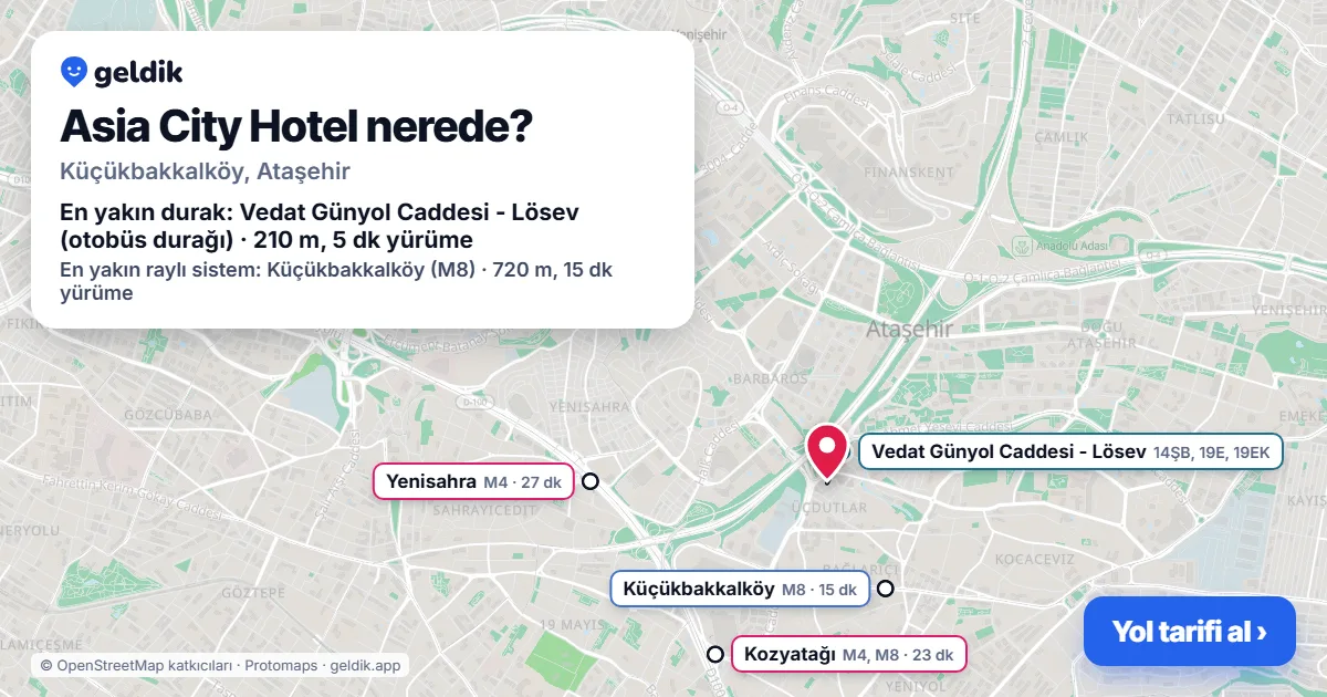 Asia City Hotel nerede: haritada konumu ve en yakın duraklar, yürüme süreleriyle