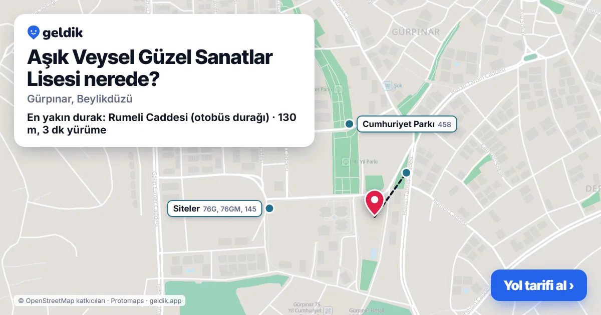 Aşık Veysel Güzel Sanatlar Lisesi nerede: haritada konumu ve en yakın duraklar, yürüme süreleriyle